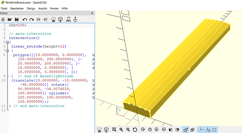 Example fingerboard, on the left the generated OSCAD source code